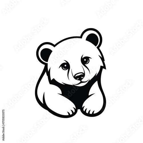 Simple black and white line art illustration of an adorable baby bear cub lying down.