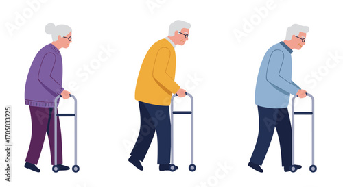 Elderly individuals using walkers in flat design for mobility assistance concepts