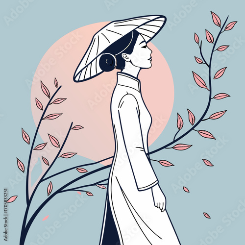 Elegant illustration of a Vietnamese woman in traditional Áo Dài and conical hat.
