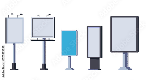 Urban advertising: diverse flat style billboards and digital displays