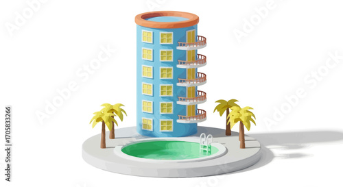 Whimsical cartoon hotel with swimming pool and palm trees on a white background