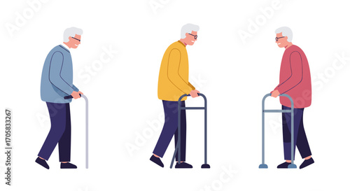 Elderly men walking with walkers in colorful outfits on white background