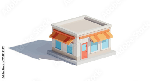 Charming isometric illustration of a small, modern shop with awnings casting a shadow.