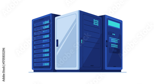 Modern data center servers in blue with glass door on white background