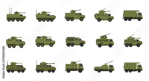 Military armored vehicles set in flat style featuring various transport designs
