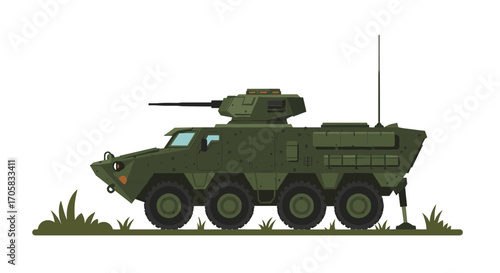 Armored military vehicle side view on white background