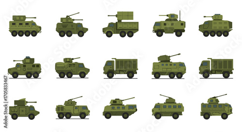 Modern military vehicles collection in flat style for defense and tactical illustration