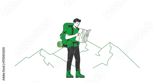 Adventurer Focused On Navigation, Exploring Trails And Climbing Mountain Peaks