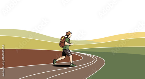 Adventurer Jogging Along Track With Scenic Landscape Background Depiction