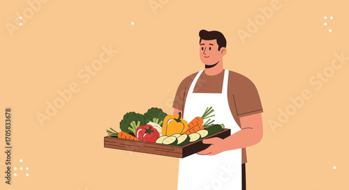 A Cheerful Chef Presenting Fresh Vegetables And Displaying Their Bounty Carefully