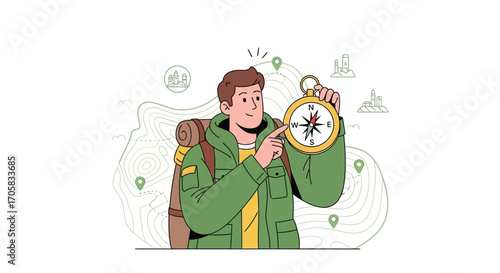 Adventurer Holding Compass And Exploring Destinations On Illustrated Map
