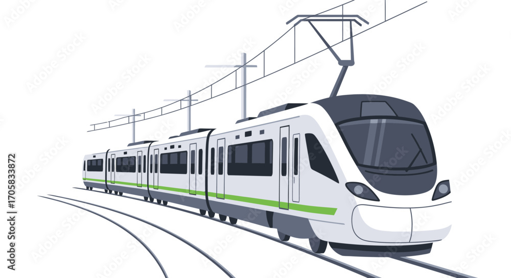 Naklejka premium Modern electric train traveling on tracks with overhead power lines