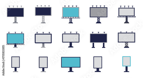 Variety of blank billboards and advertising displays in minimalist flat style