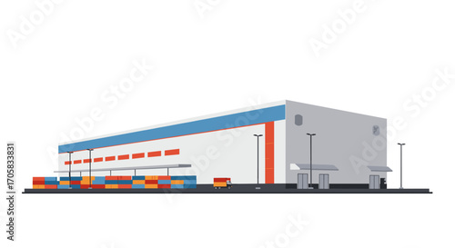 Modern warehouse exterior with shipping containers and delivery truck
