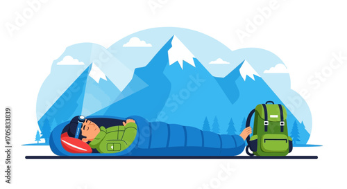 Adventurer Sleeping Comfortably In A Sleeping Bag With Mountain Scenery At Night