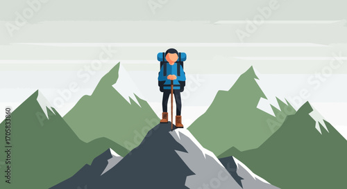 Adventurer Reaching Peak, Flat Design Illustration Of Climbing Mountains, Successful Endeavor
