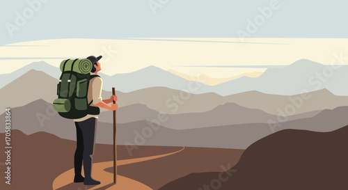 Adventurer Standing On A Path, Observing The Vastness Of The Mountainous Landscape