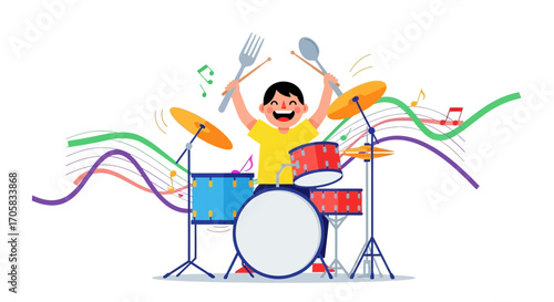 A Cheerful Kid Playing Drums With Silverware Creating Energetic And Fun Rhythms