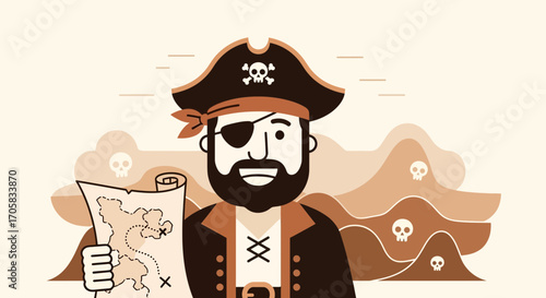 A Cheerful Pirate Gazes At The Treasure Map With His Eye Patch And Skull Hat