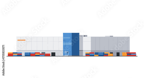 Modern warehouse building with shipping containers and glass facade