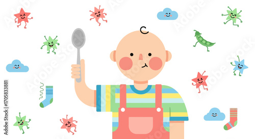 A Cheerful Toddler Holding Utensil Surrounded By Playful Animated Embellishments