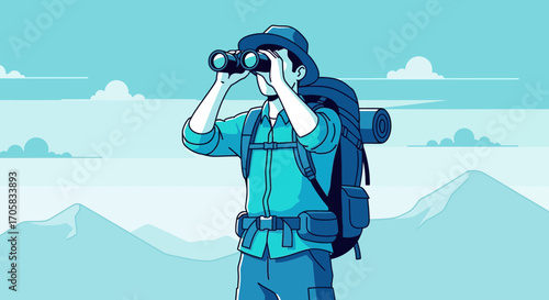 Adventurer Using Binoculars For Navigation Observing Vast Mountains And Scenery