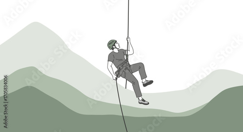 Adventurous Climber Descending a Rocky Mountain Cliff Face With Equipment Secured