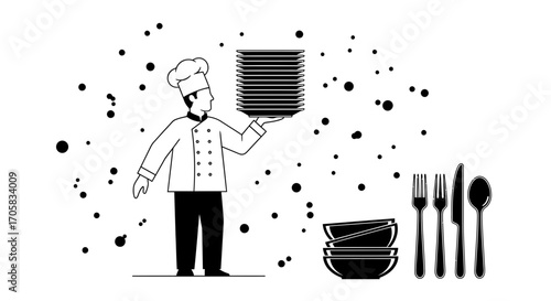 A Chef Presenting a Tower of Plates Ready for Service With Tableware Icons
