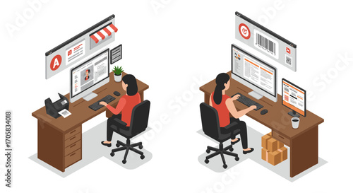 Isometric office scenes with women working on computers in a modern workspace