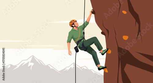 Adventurous Climber Scaling A Large Rock Face While Enjoying Beautiful Mountain Peaks