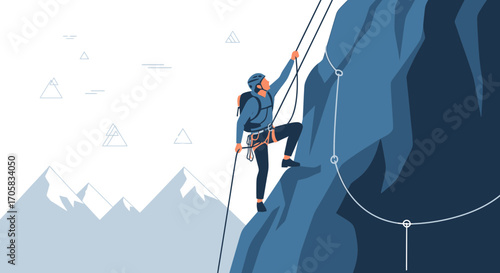 Adventurous Climber scaling Rock Face with Ropes and Gear, Reaching New Heights