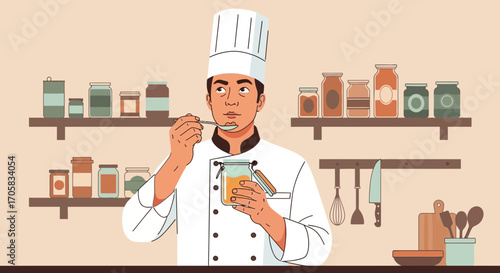 A Chef Tasting, Inspecting, And Examining A Culinary Creation In A Kitchen Setting