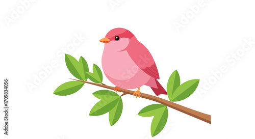 A cute, plump pink bird perched on a branch with green leaves, looking alert and curious.