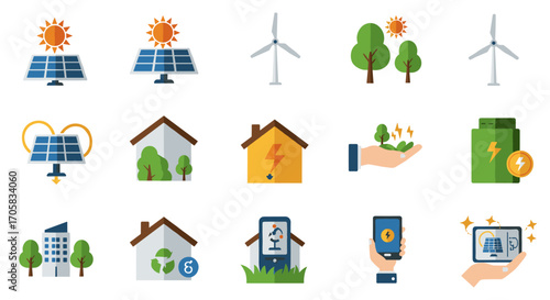 Renewable energy icons: solar panels, wind turbines, and eco-friendly homes