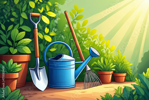 Gardening tools bathed in warm sunlight amidst lush greenery