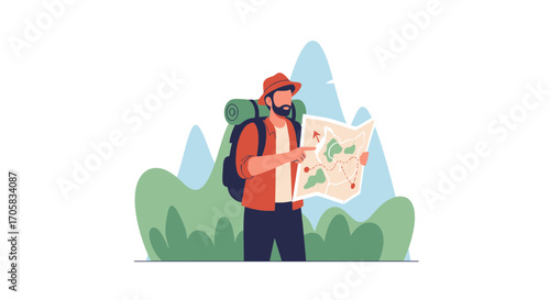 Adventurous Explorer Charting Path With Map Amidst Natural Terrain, Looking Ahead
