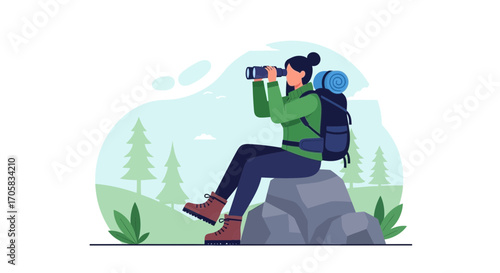 Adventurous Explorer Watching Scenery with Binoculars: Mountain Hike and Travel Illustration
