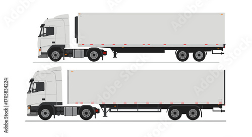 Detailed side view of semi trucks with trailers in flat style