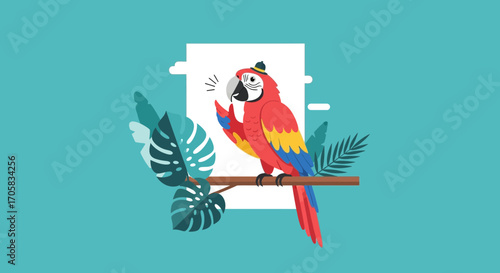 A Colorful Parrot With Hat On A Perch Surrounded By Tropical Foliage Illustration