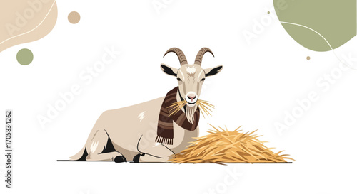 A Comfortable Goat With A Stylish Scarf Enjoying A Meal Beside Hay Stack