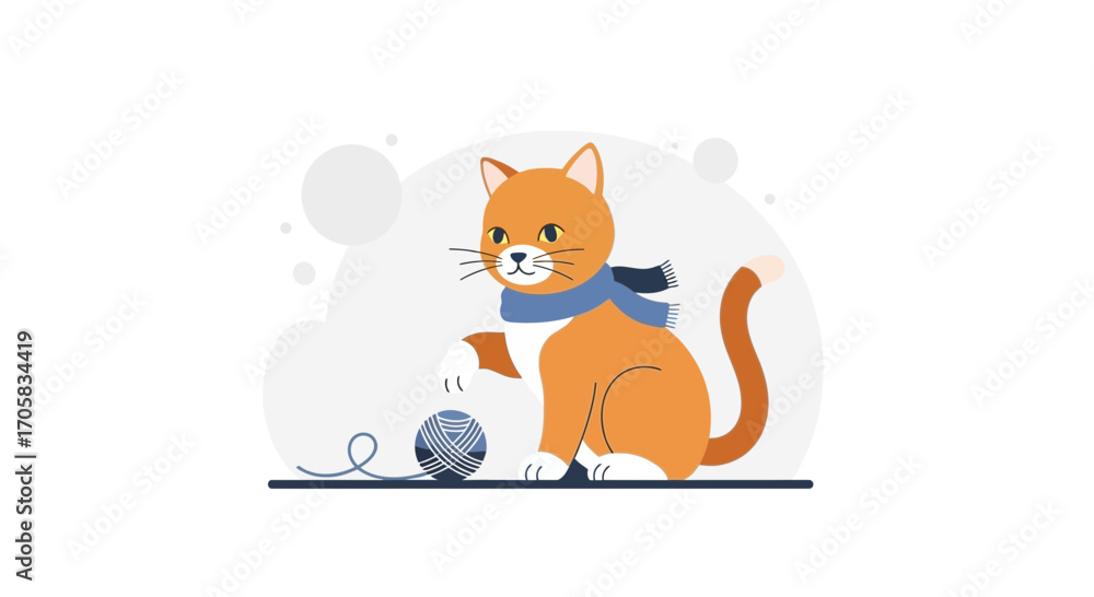Fototapeta premium A Curious Kitten In Blue Scarf Plays With Yarn, Simple Modern Illustration