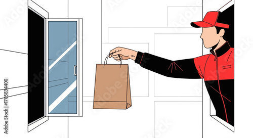 A Courier Delivering Food Near An Apartment, A Speedy Food Delivery Concept