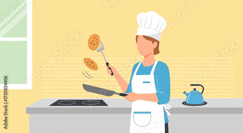 A Cook Embellishes Pancakes Skillfully In The Warm, Bright Kitchen Environment