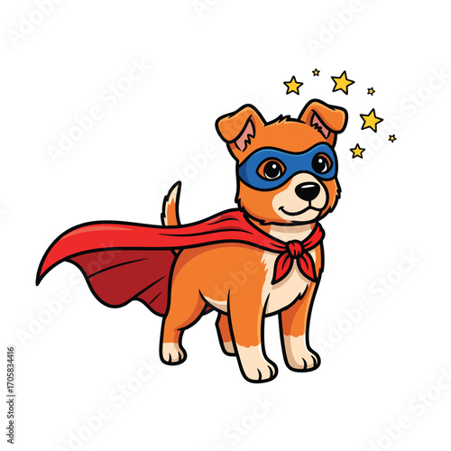 Smiling cartoon puppy dog superhero in a red cape and blue mask.