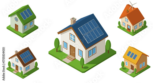 Sustainable isometric homes with solar panels and eco-friendly designs