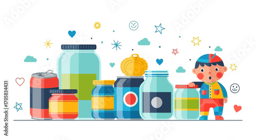 A Curious Child Approaching a Vibrant Collection Composed of Assorted Containers
