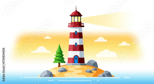 Isolated lighthouse shines a bright beam across the sea on a sunny day.