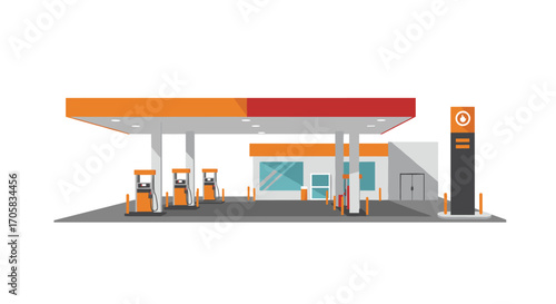 Modern flat design gas station with fuel pumps and convenience store