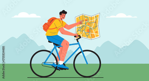 A Cyclist Exploring The Landscape With A Map During A Sunny Day Adventure.