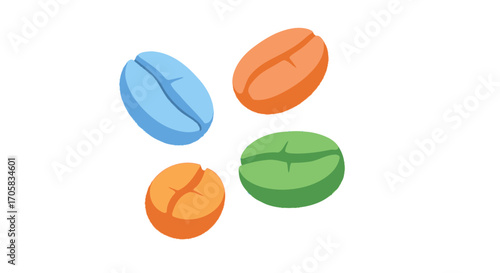 Four colorful, stylized coffee beans arranged in a scattered pattern against a white background.
